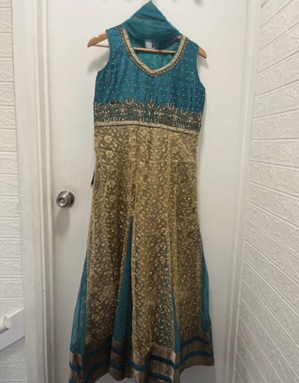 Teal Anarkali Suit with Gold Embroidery and Dupatta