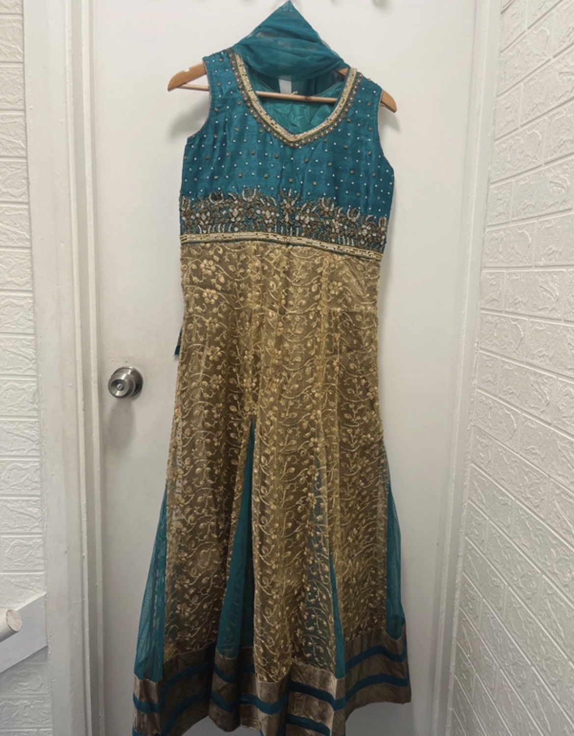 Teal Anarkali Suit with Gold Embroidery and Dupatta