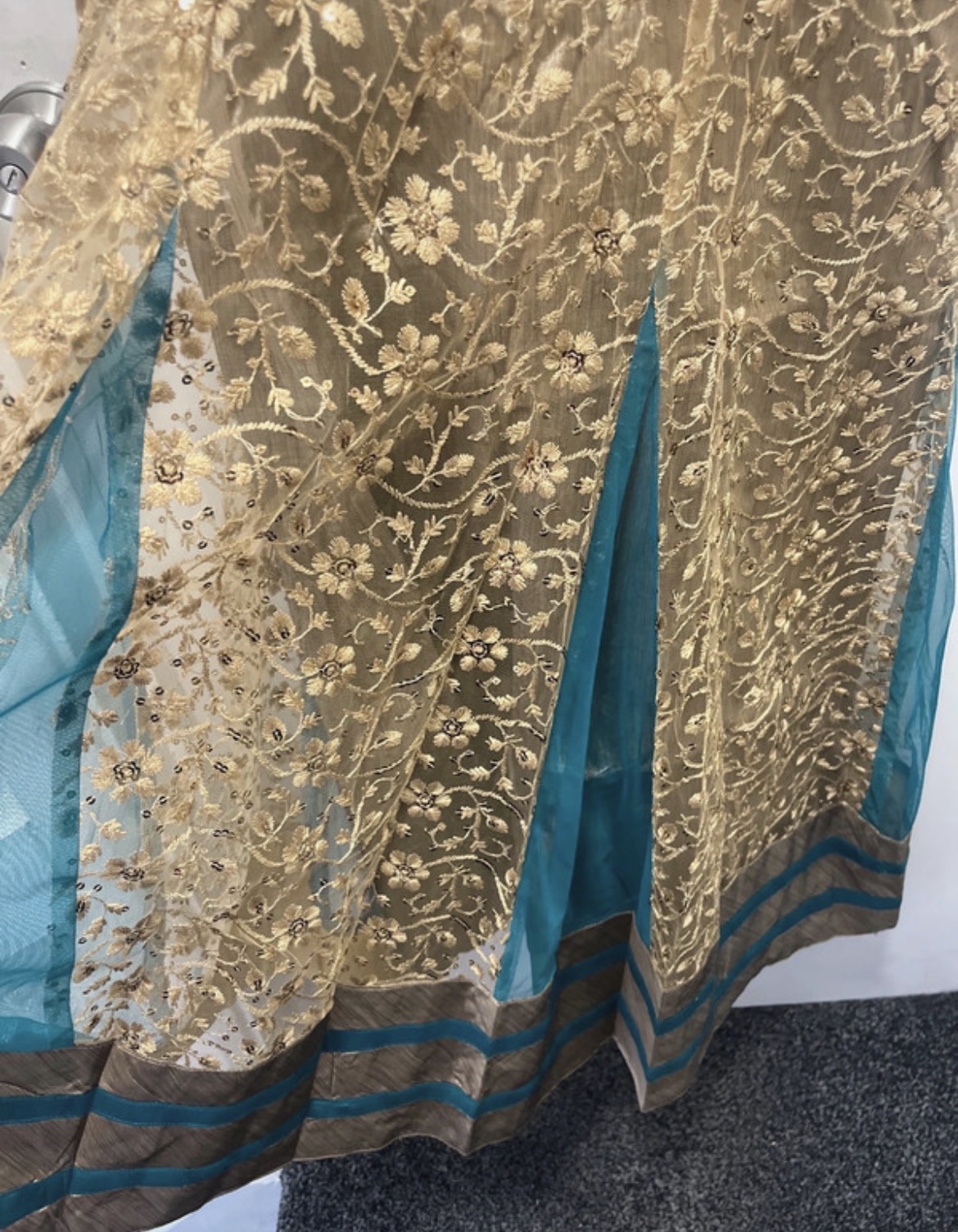Teal Anarkali Suit with Gold Embroidery and Dupatta - Image 2