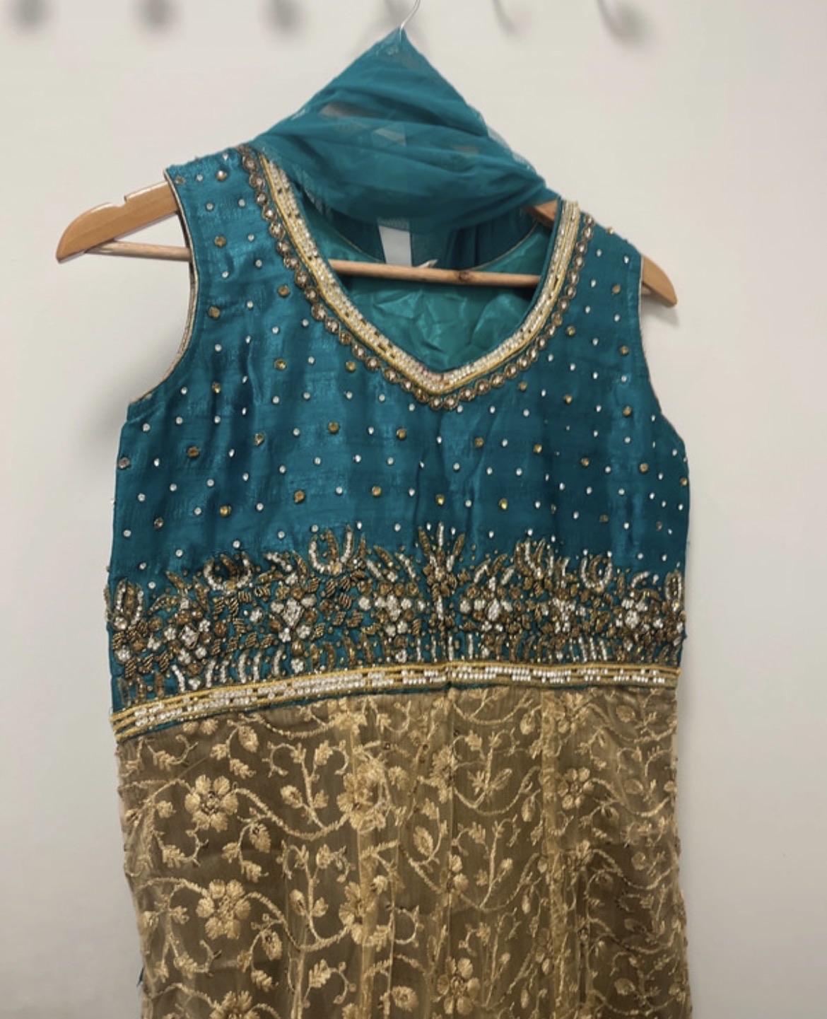 Teal Anarkali Suit with Gold Embroidery and Dupatta - Image 3
