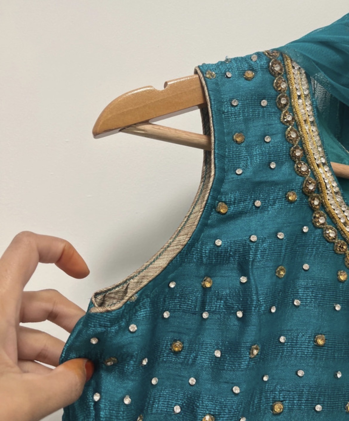 Teal Anarkali Suit with Gold Embroidery and Dupatta - Image 6
