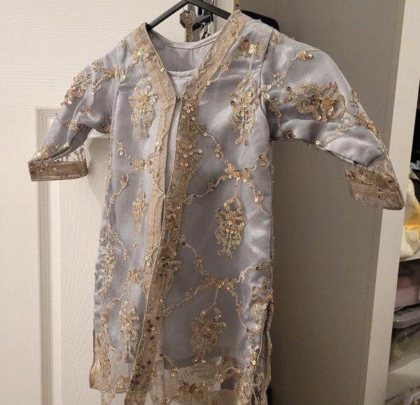 Kids Girls Grey Net & Gold Embroidered Dress