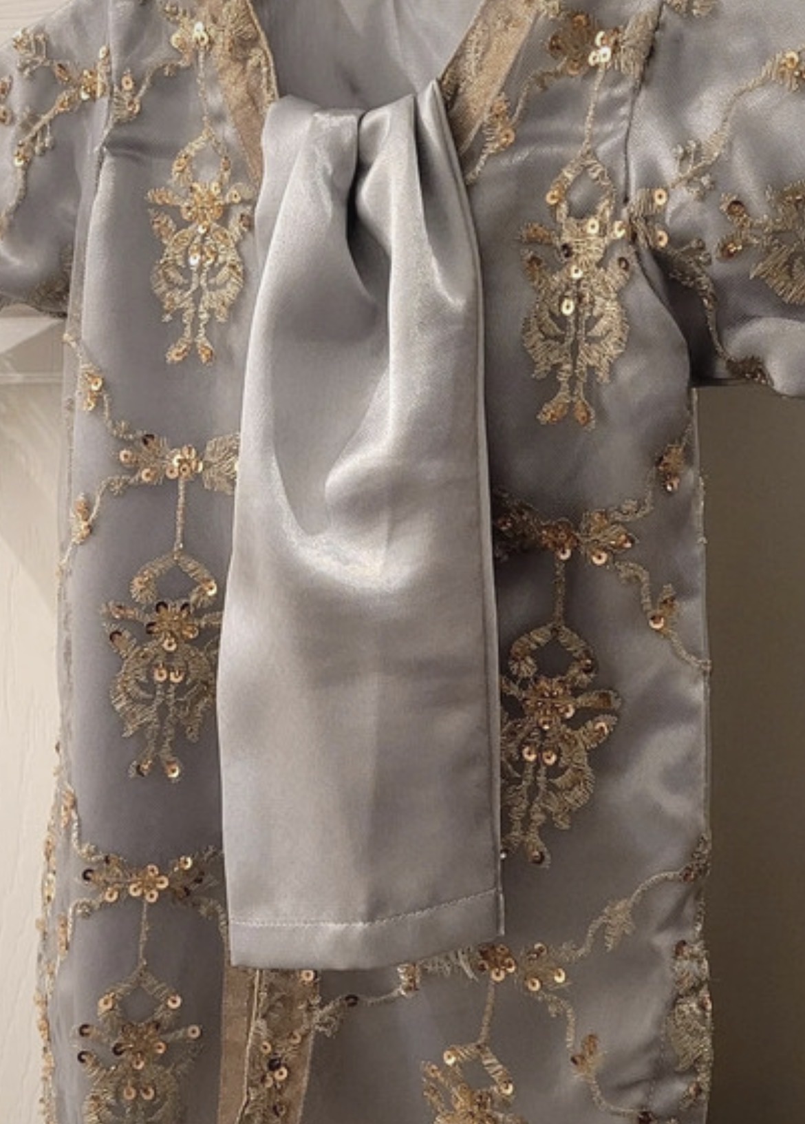 Kids Girls Grey Net & Gold Embroidered Dress - Image 2