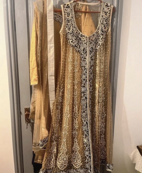 Gold Anarkali Suit with White and Black Embroidery black velvet border
