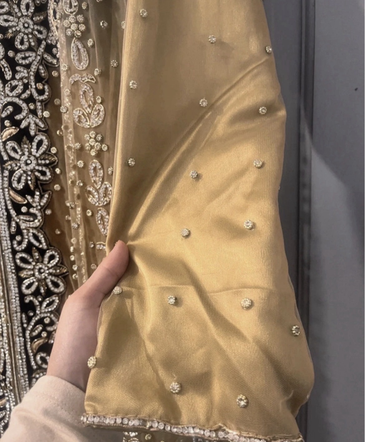 Gold Anarkali Suit with White and Black Embroidery black velvet border - Image 2