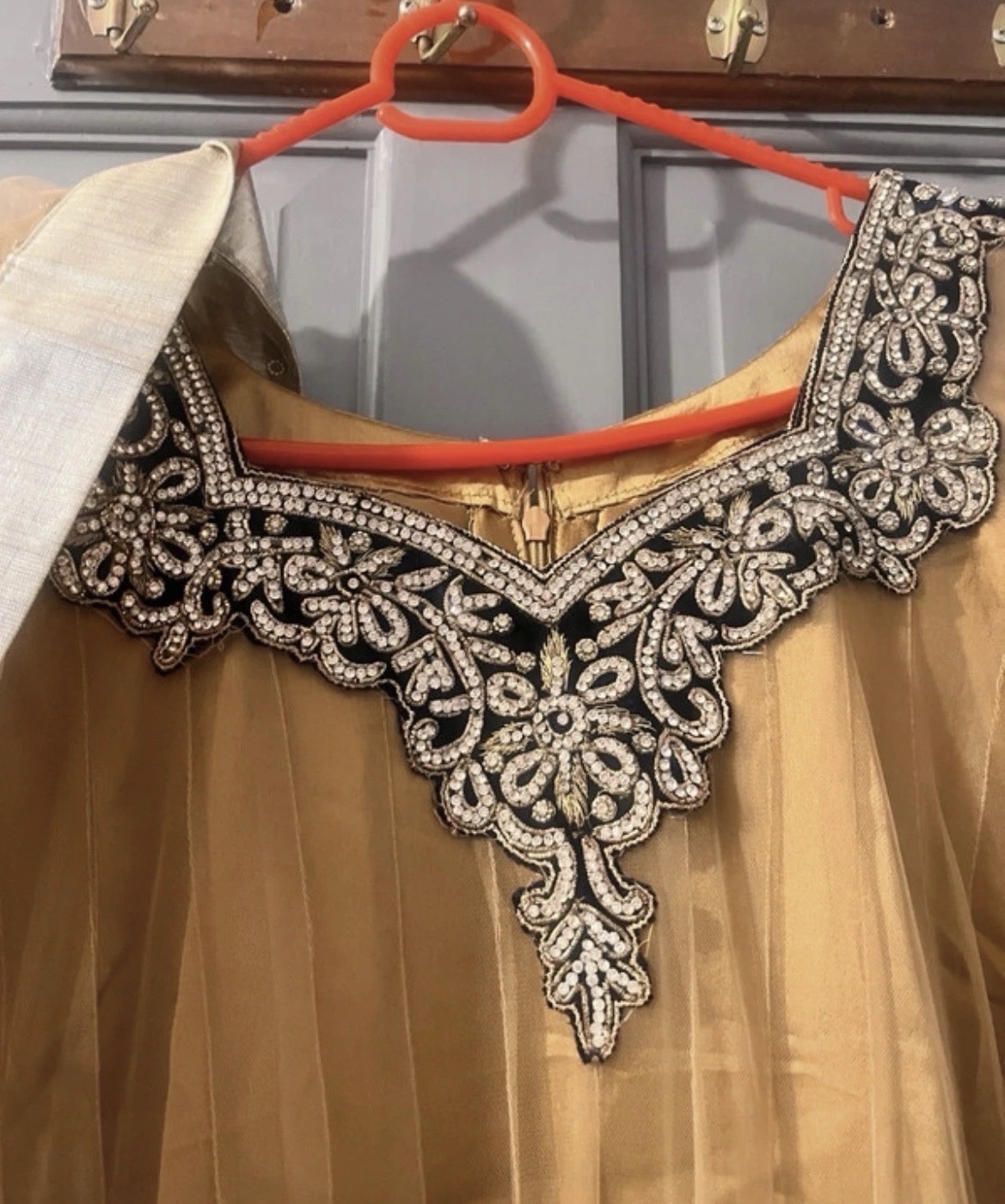 Gold Anarkali Suit with White and Black Embroidery black velvet border - Image 3