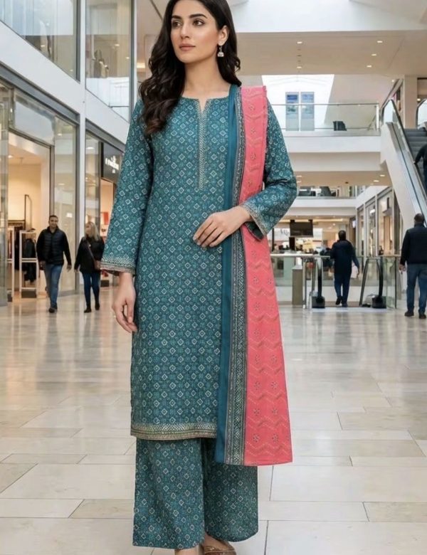 Teal Printed 3-Piece Lawn Suit with Pink Dupatta