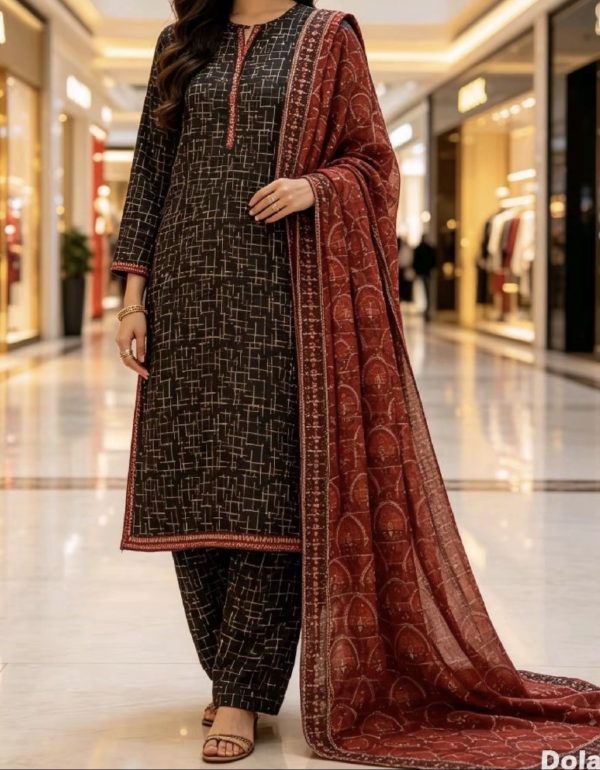 Black Printed 3-Piece Lawn Suit with Red Trim