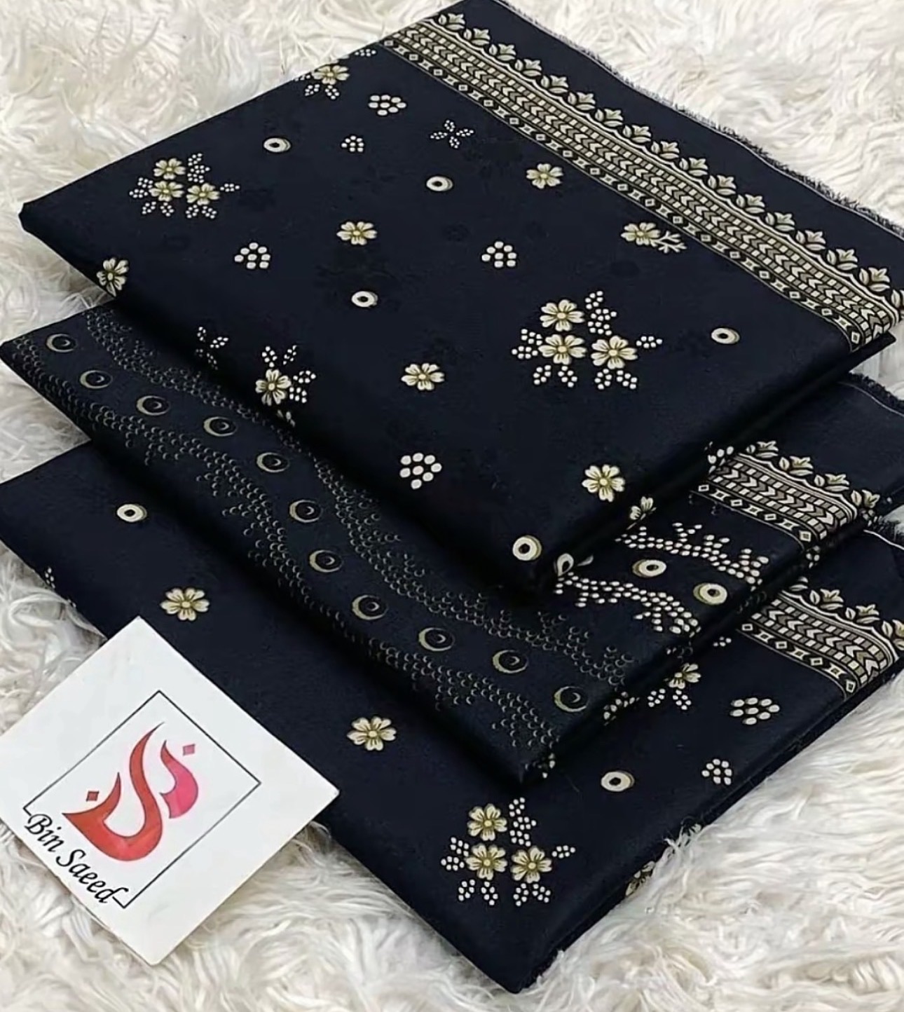 Unstitched Black Lawn Suit with Gold Embroidery
