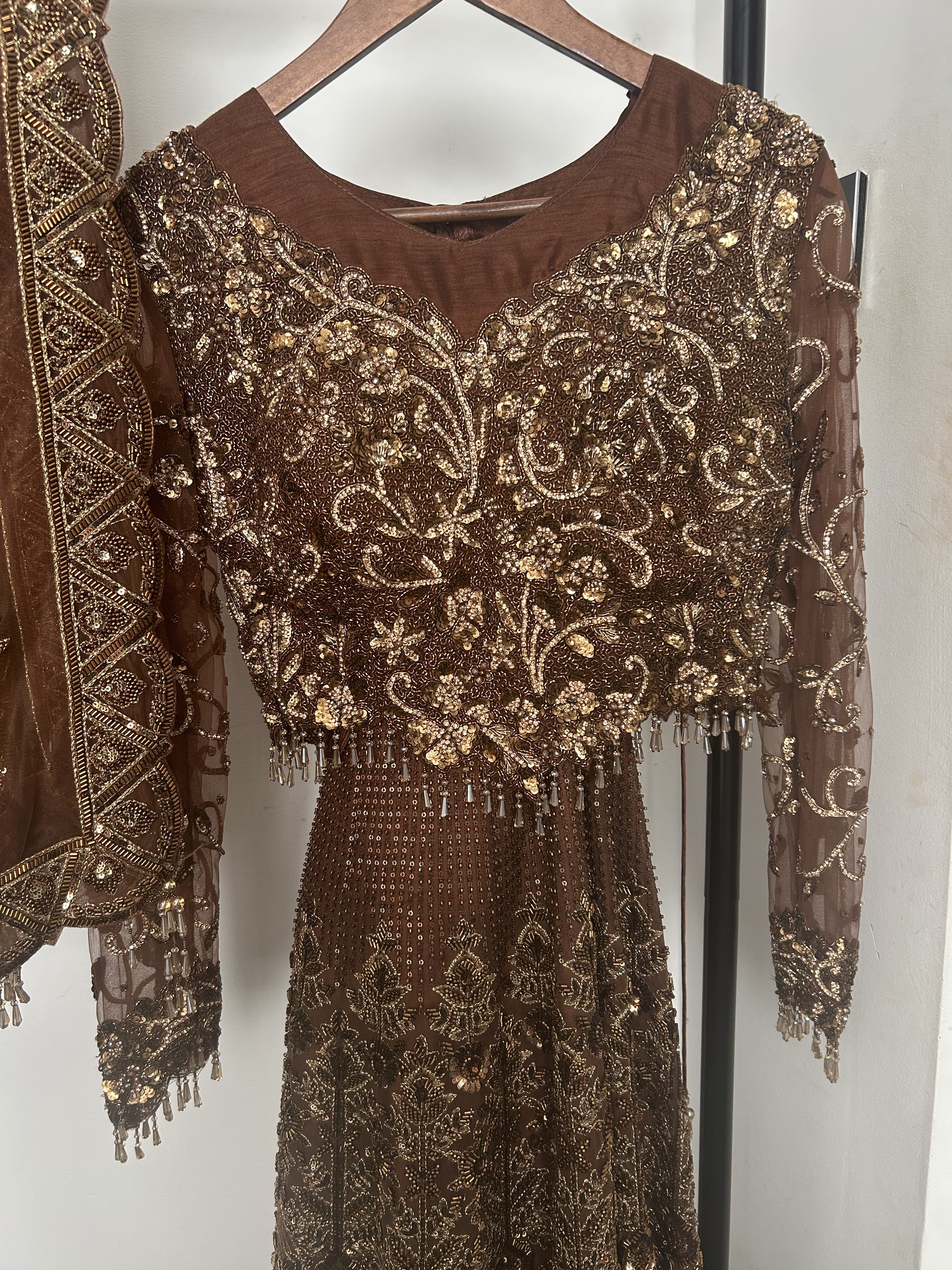 Brown Anarkali Suit with Gold Embroidery and Dupatta - Image 2