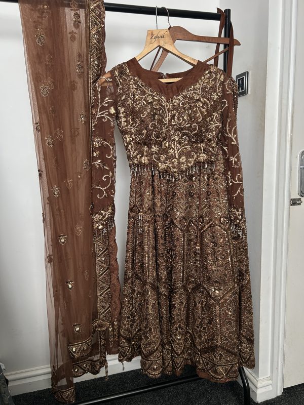 Brown Anarkali Suit with Gold Embroidery and Dupatta