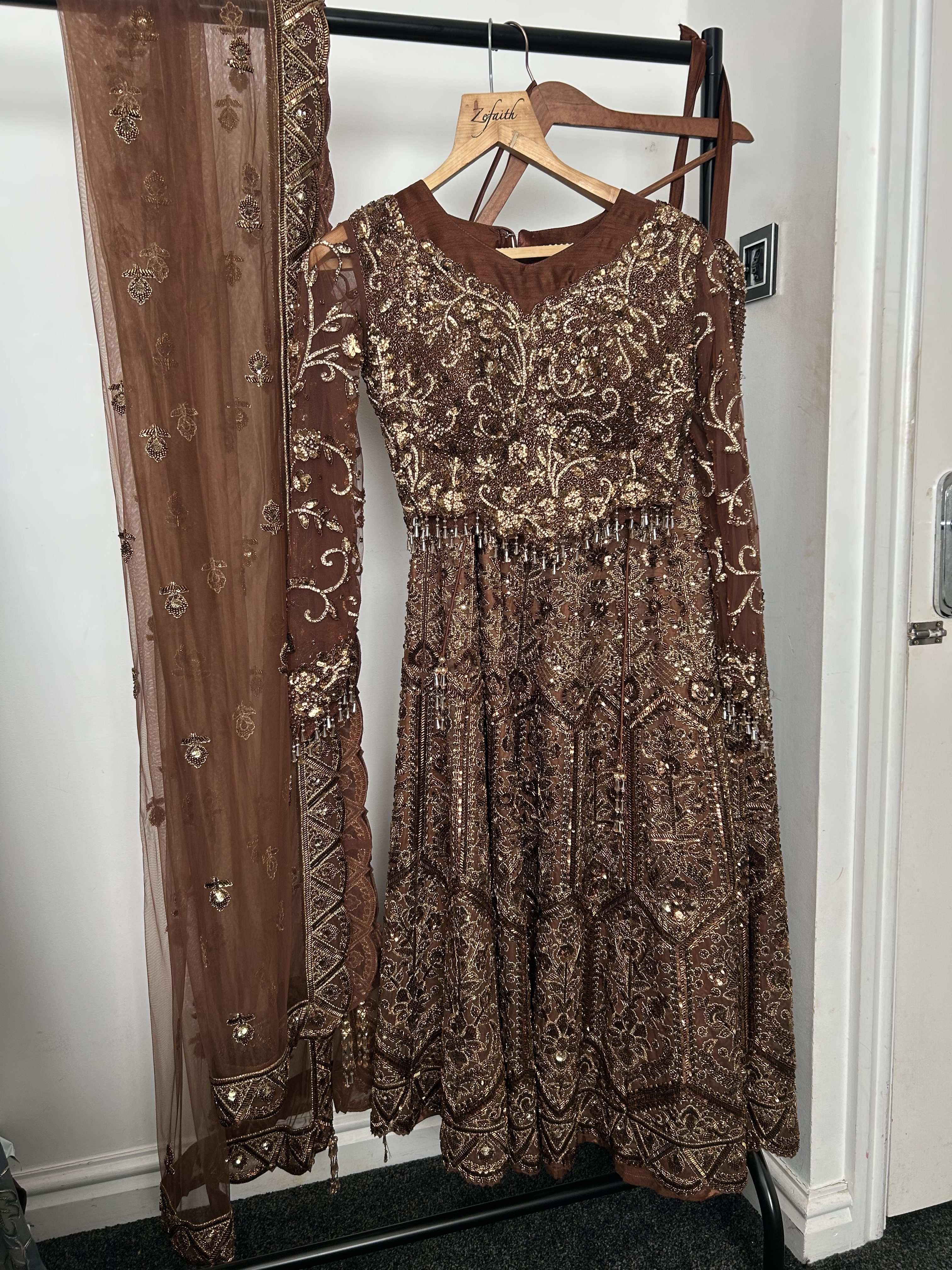 Brown Anarkali Suit with Gold Embroidery and Dupatta