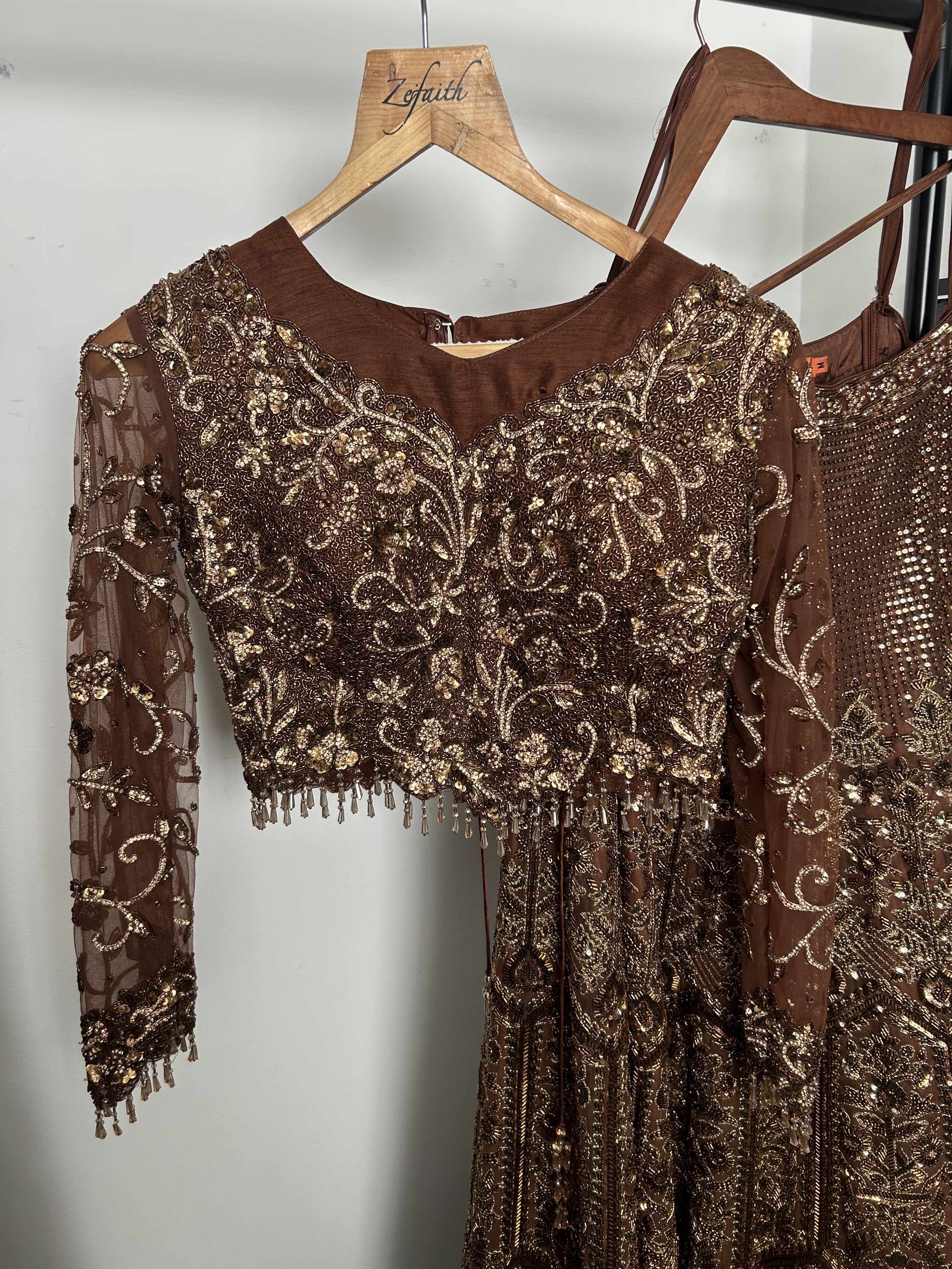 Brown Anarkali Suit with Gold Embroidery and Dupatta - Image 4