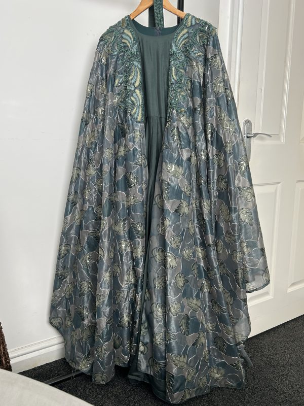 Teal Anarkali Dress with Gold Leaf Patterned Cape