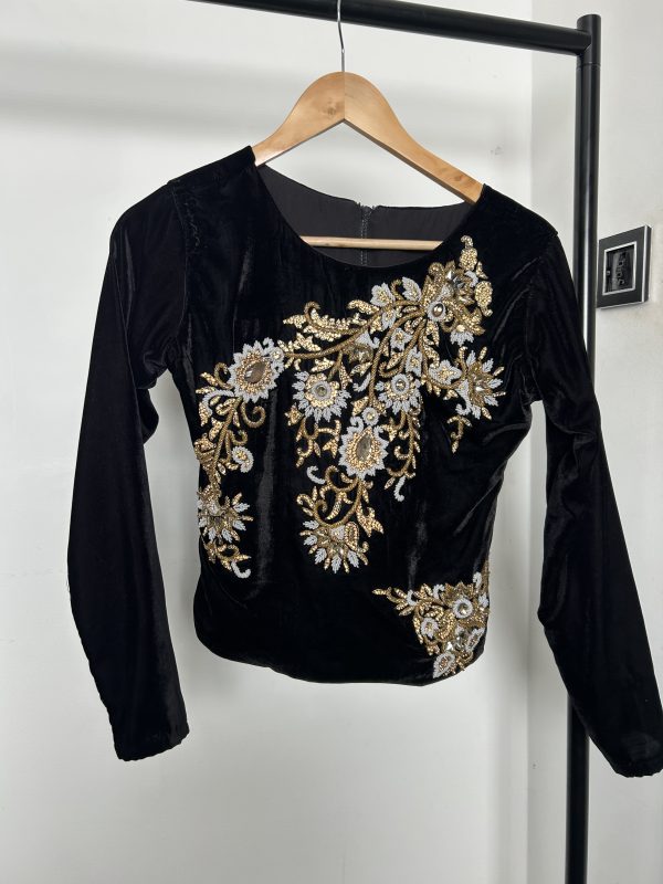 Black velvet full sleeves crop top with gold and white embroidery