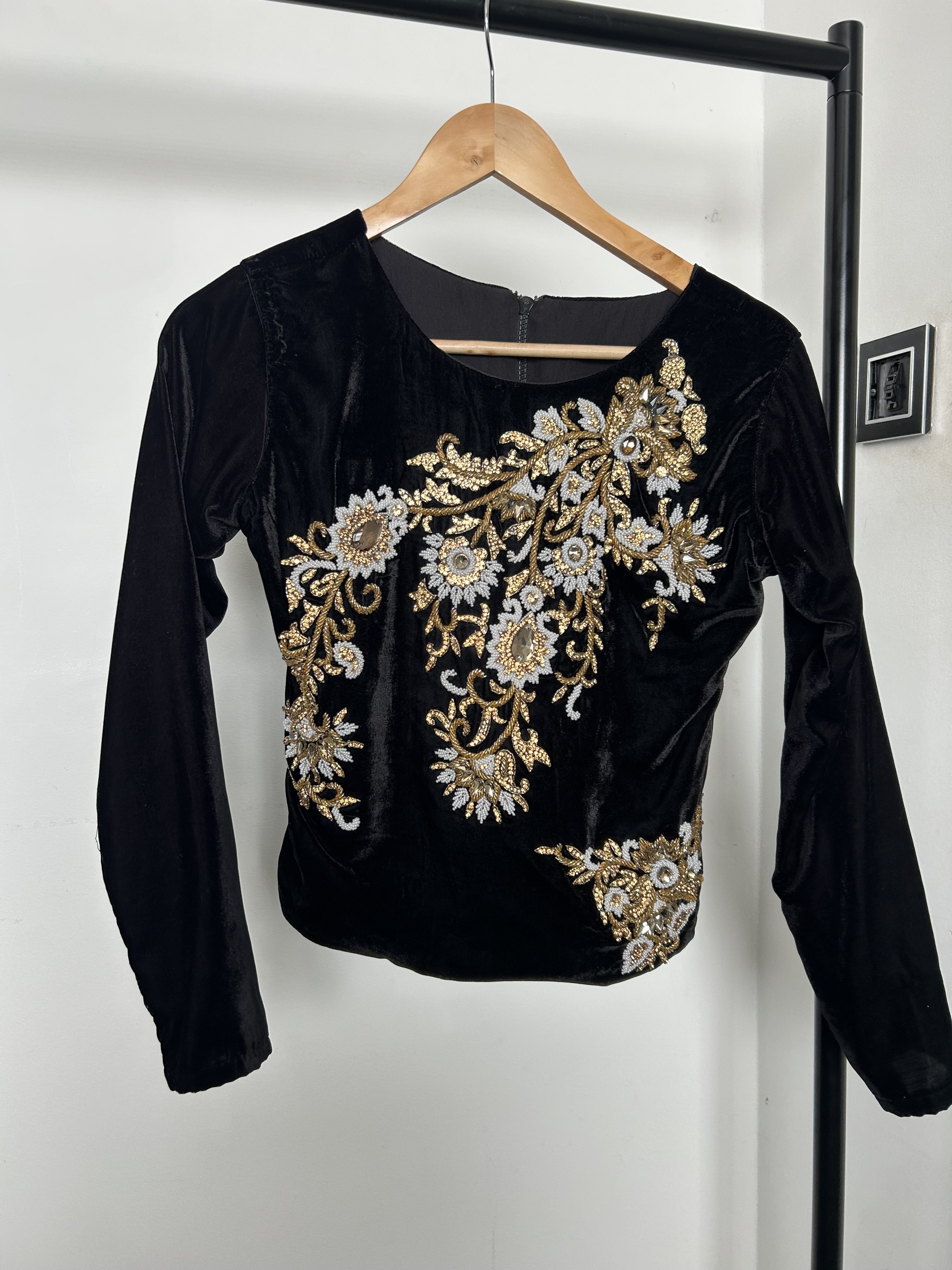 Black velvet full sleeves crop top with gold and white embroidery