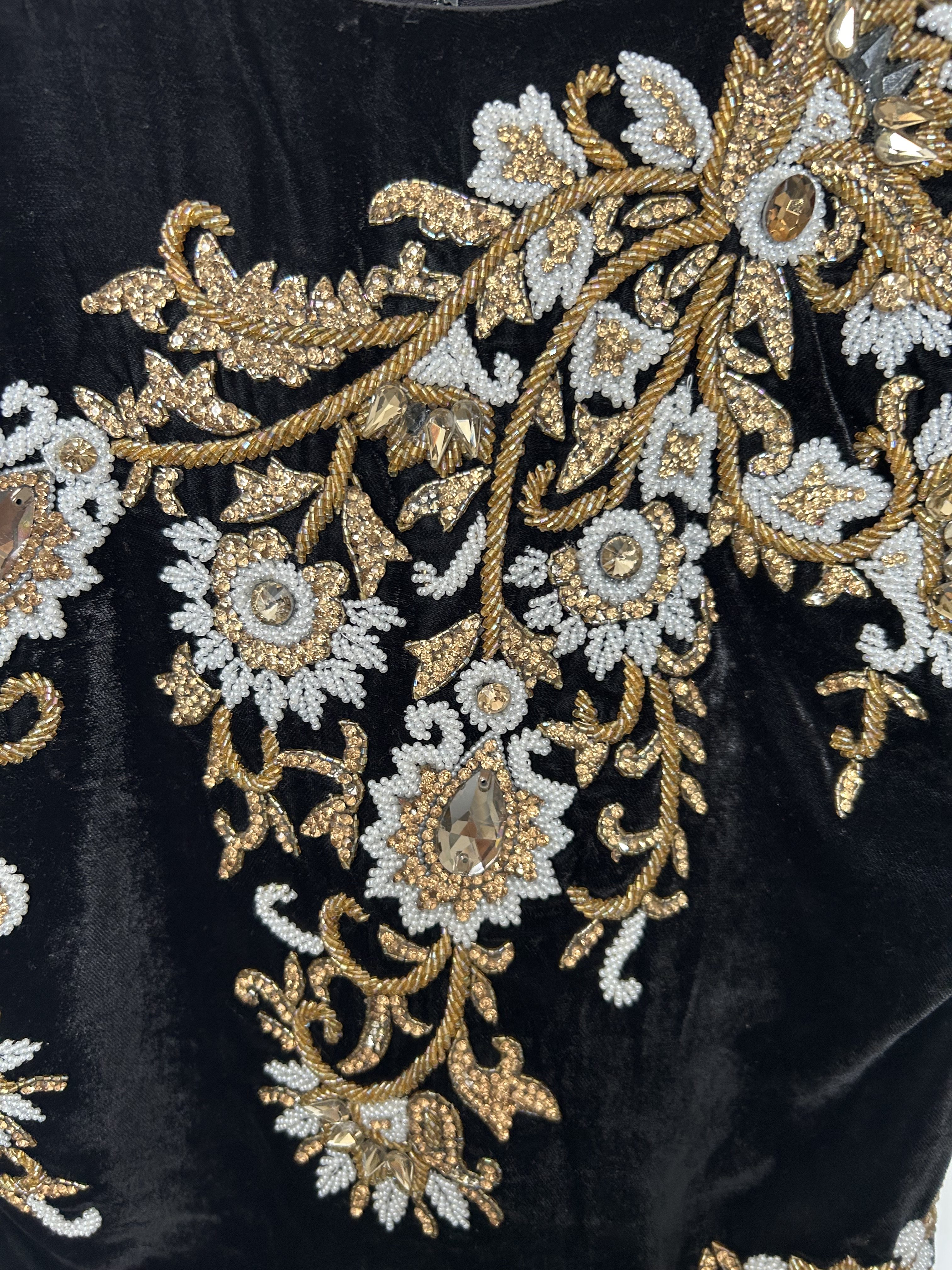 Black velvet full sleeves crop top with gold and white embroidery - Image 2