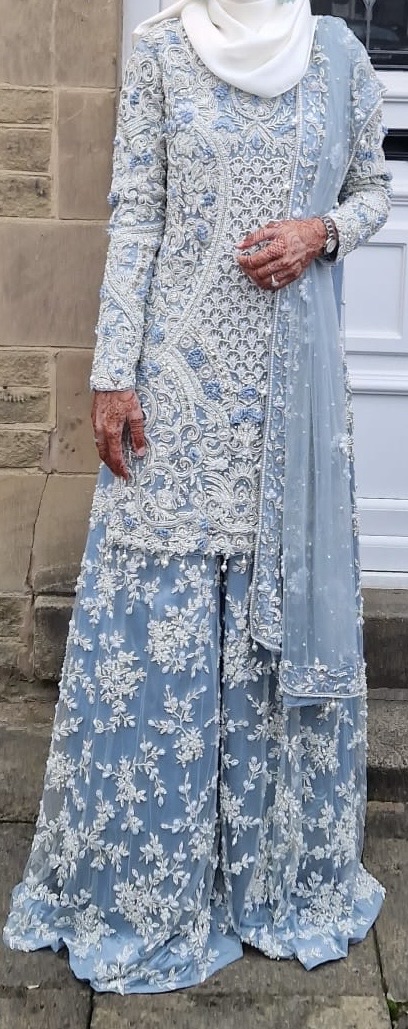 Light Blue Asian heavy party Suit with White Embroidery and Dupatta - Image 4