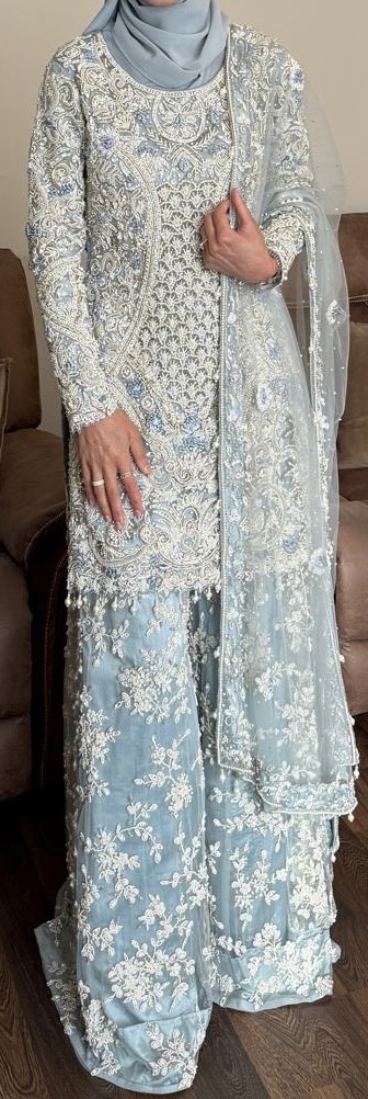 Light Blue Asian heavy party Suit with White Embroidery and Dupatta
