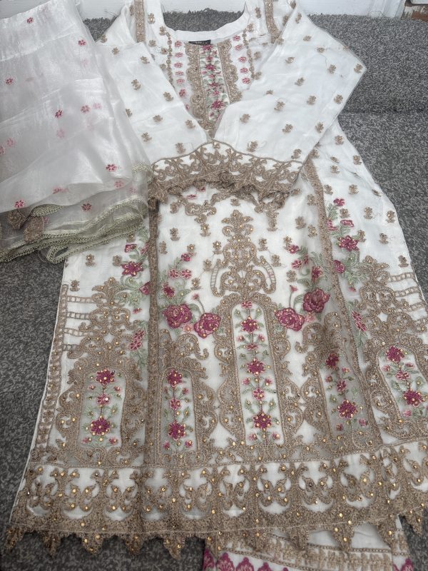 White Anarkali Suit with Pink Floral Embroidery and Gold Embellishments