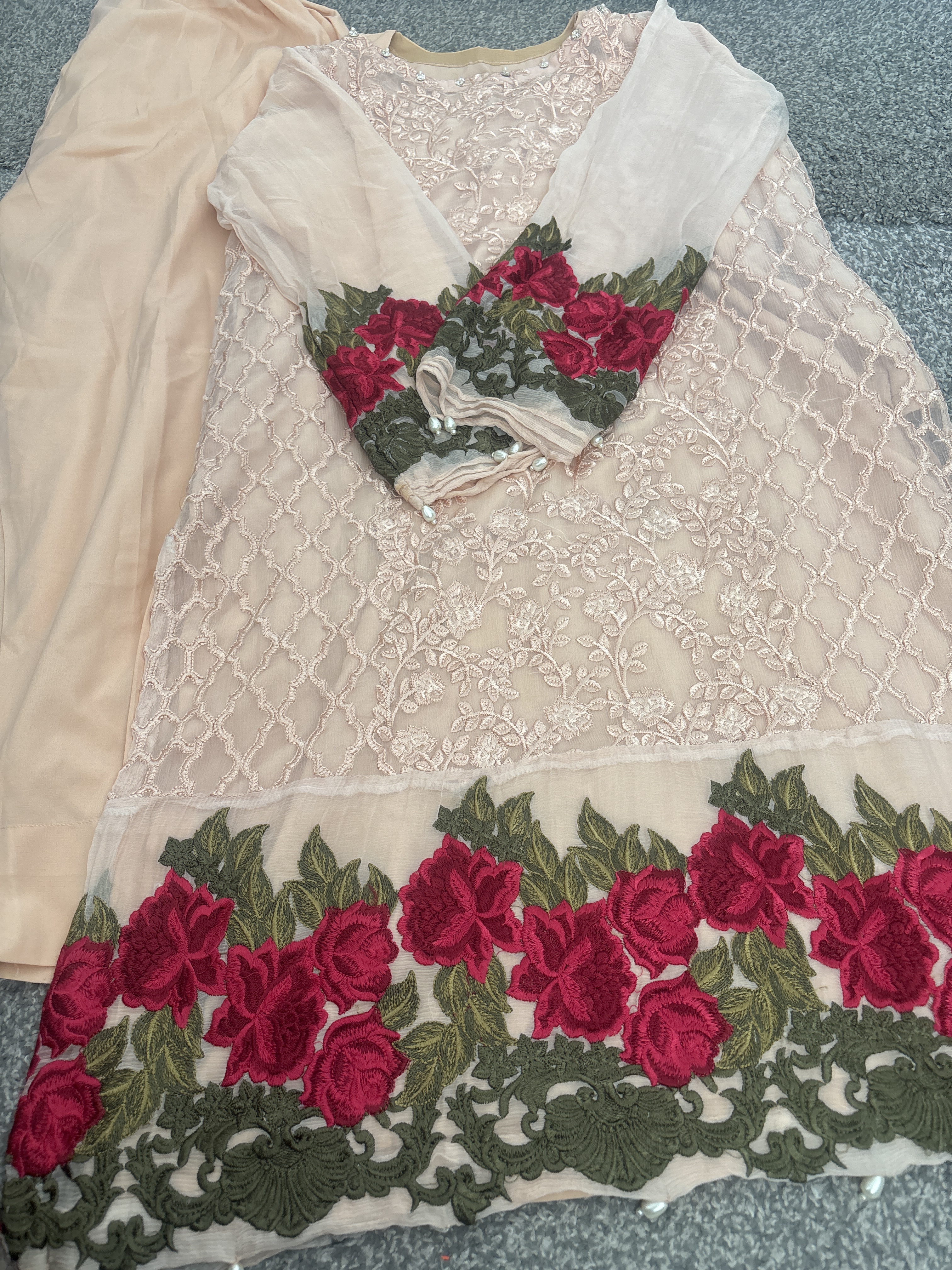 Peach suit with Red Rose Embroidery - Image 2
