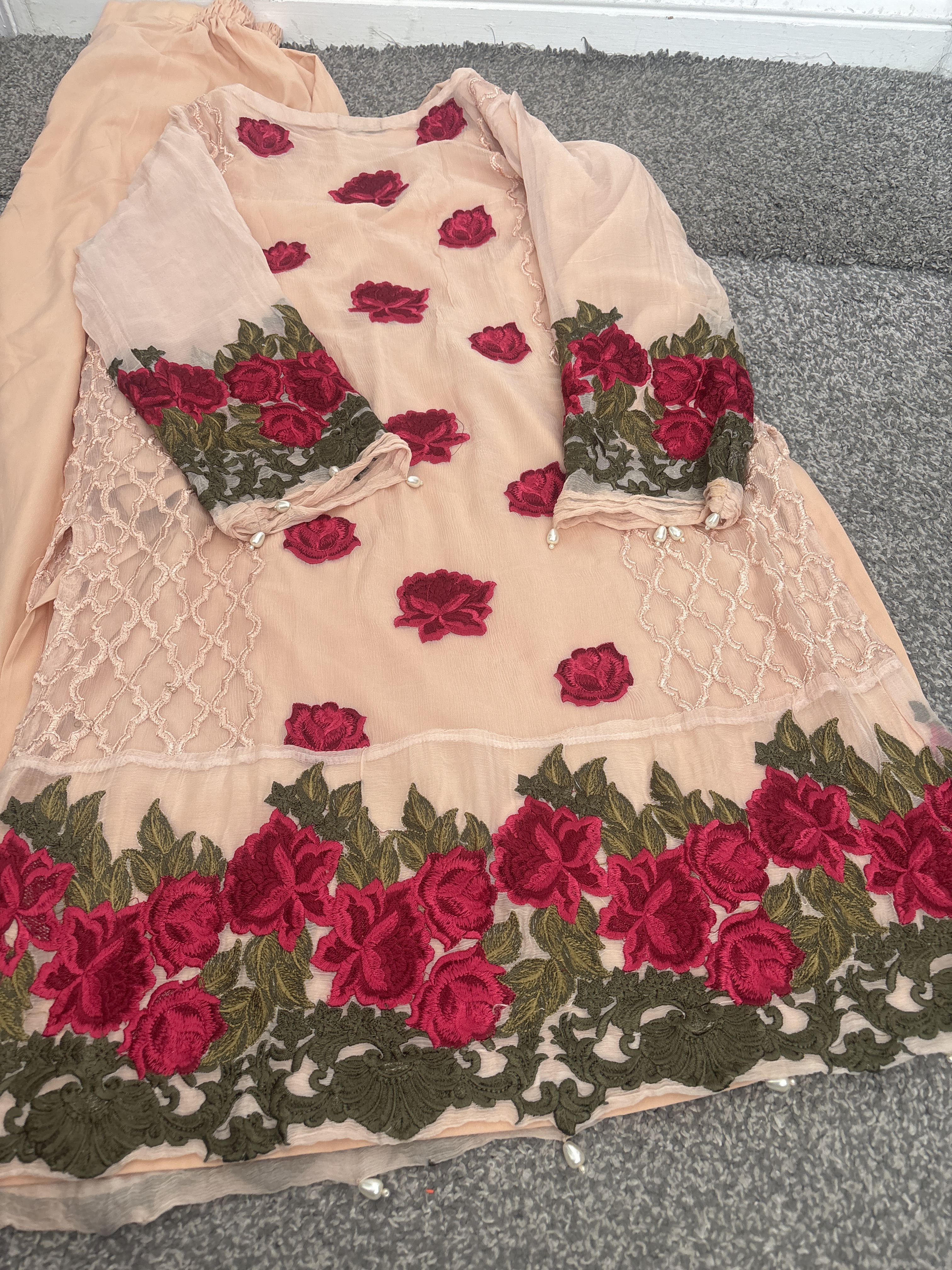 Peach suit with Red Rose Embroidery - Image 3