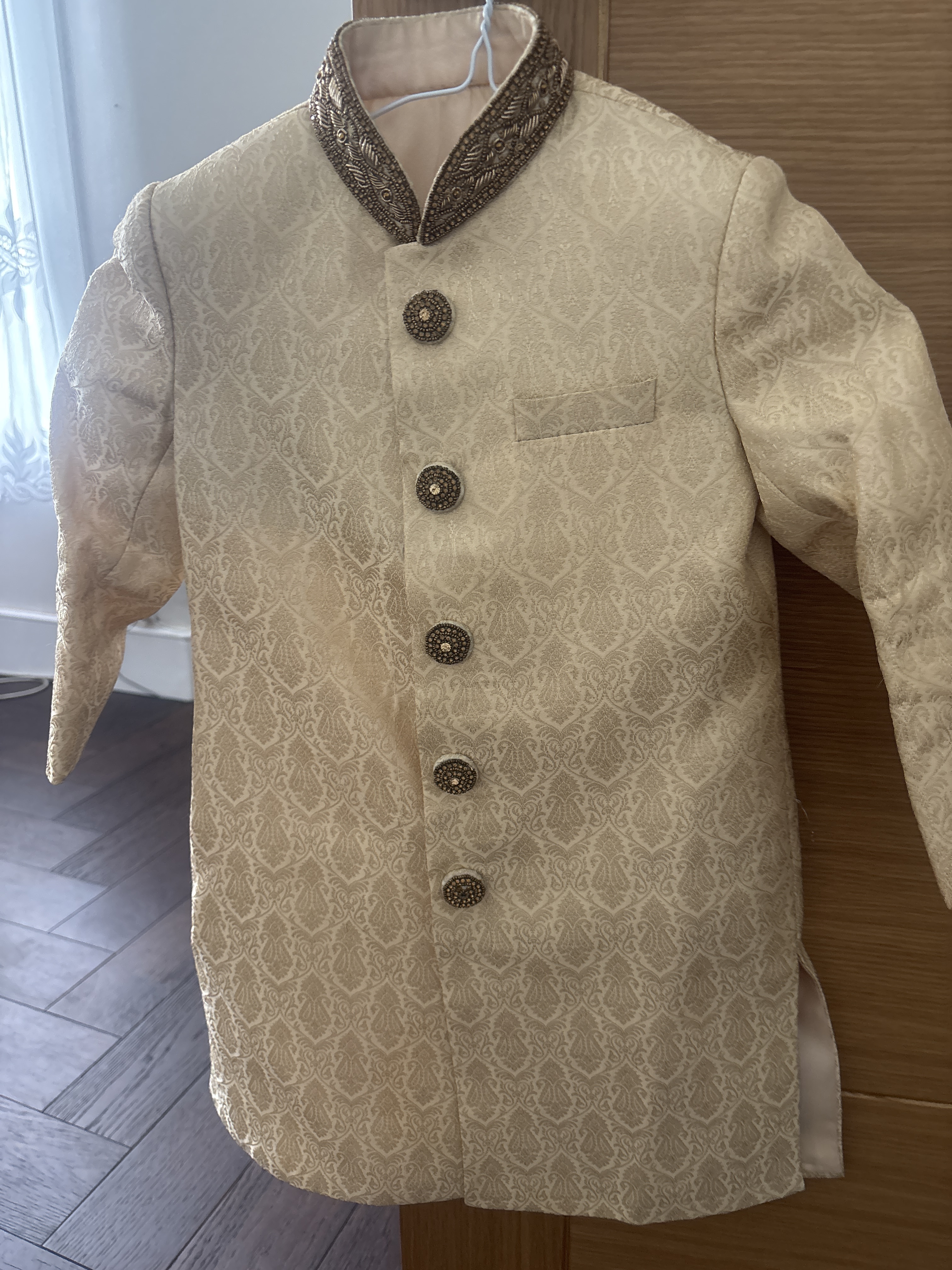 Boys Cream Jacquard Sherwani - Image 3