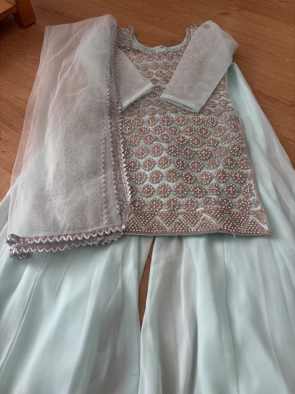 Girls' Powder Blue Gharara Set with Silver Embellishments