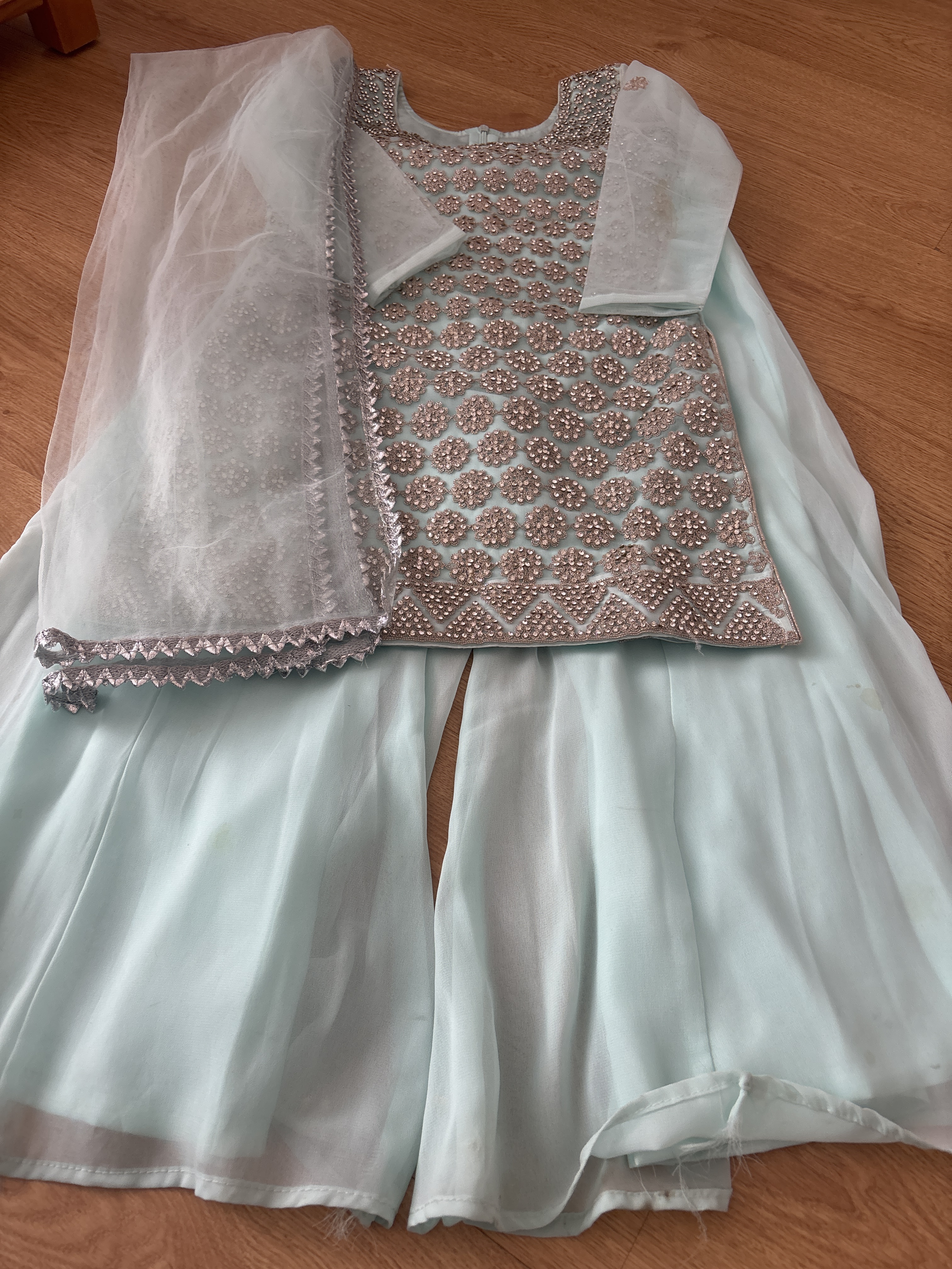Girls' Powder Blue Gharara Set with Silver Embellishments - Image 2