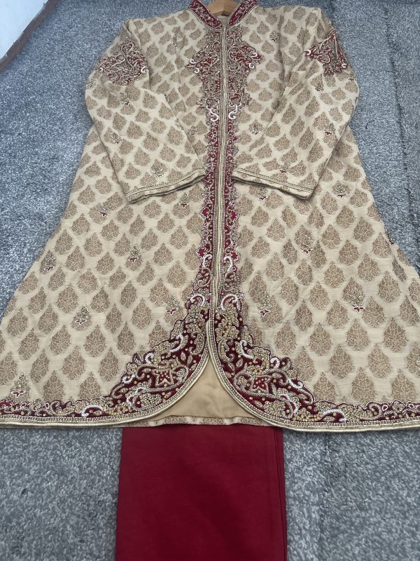 Men's Beige Sherwani with Red Embroidery