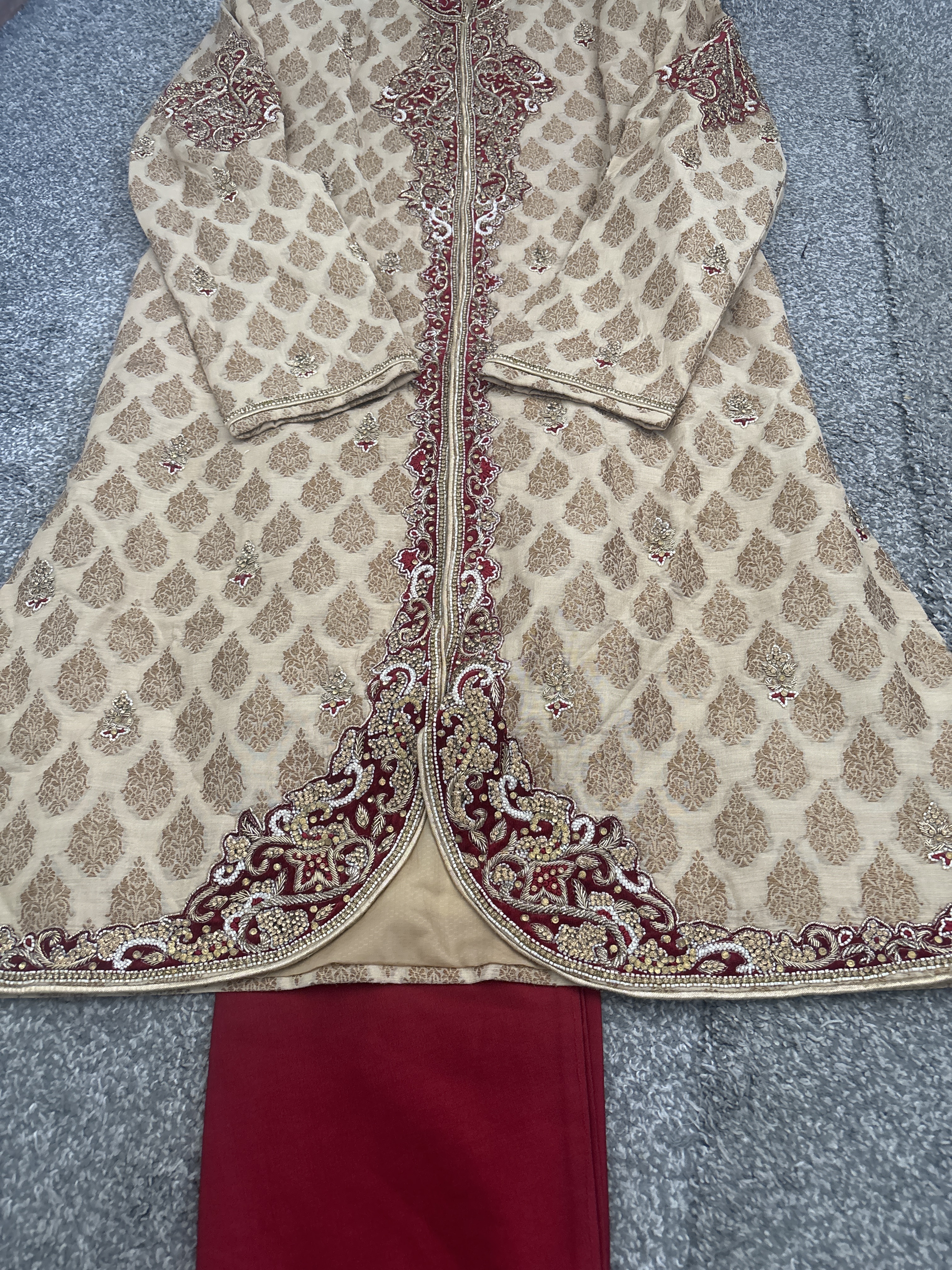 Men's Beige Sherwani with Red Embroidery - Image 2
