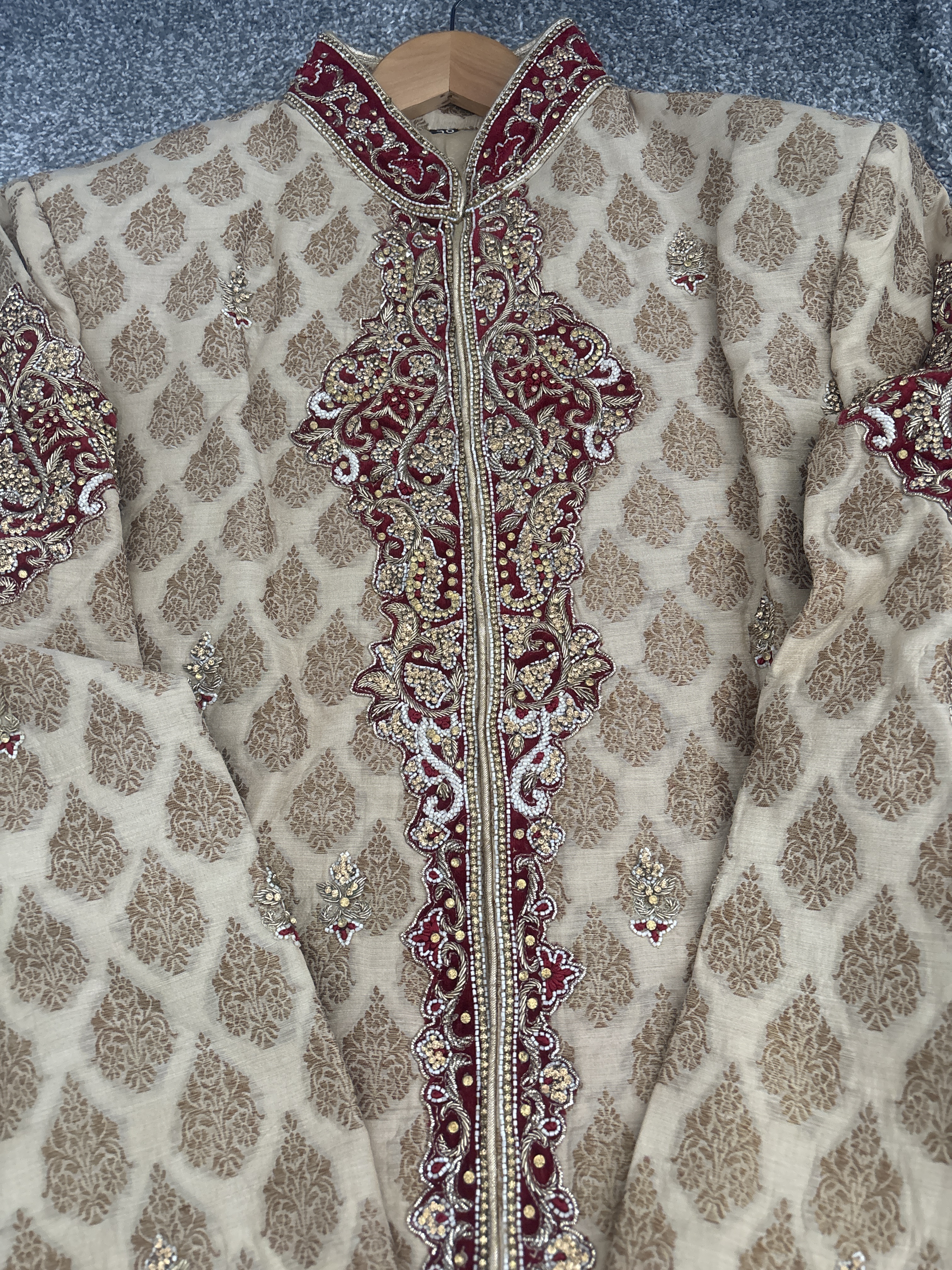 Men's Beige Sherwani with Red Embroidery - Image 3