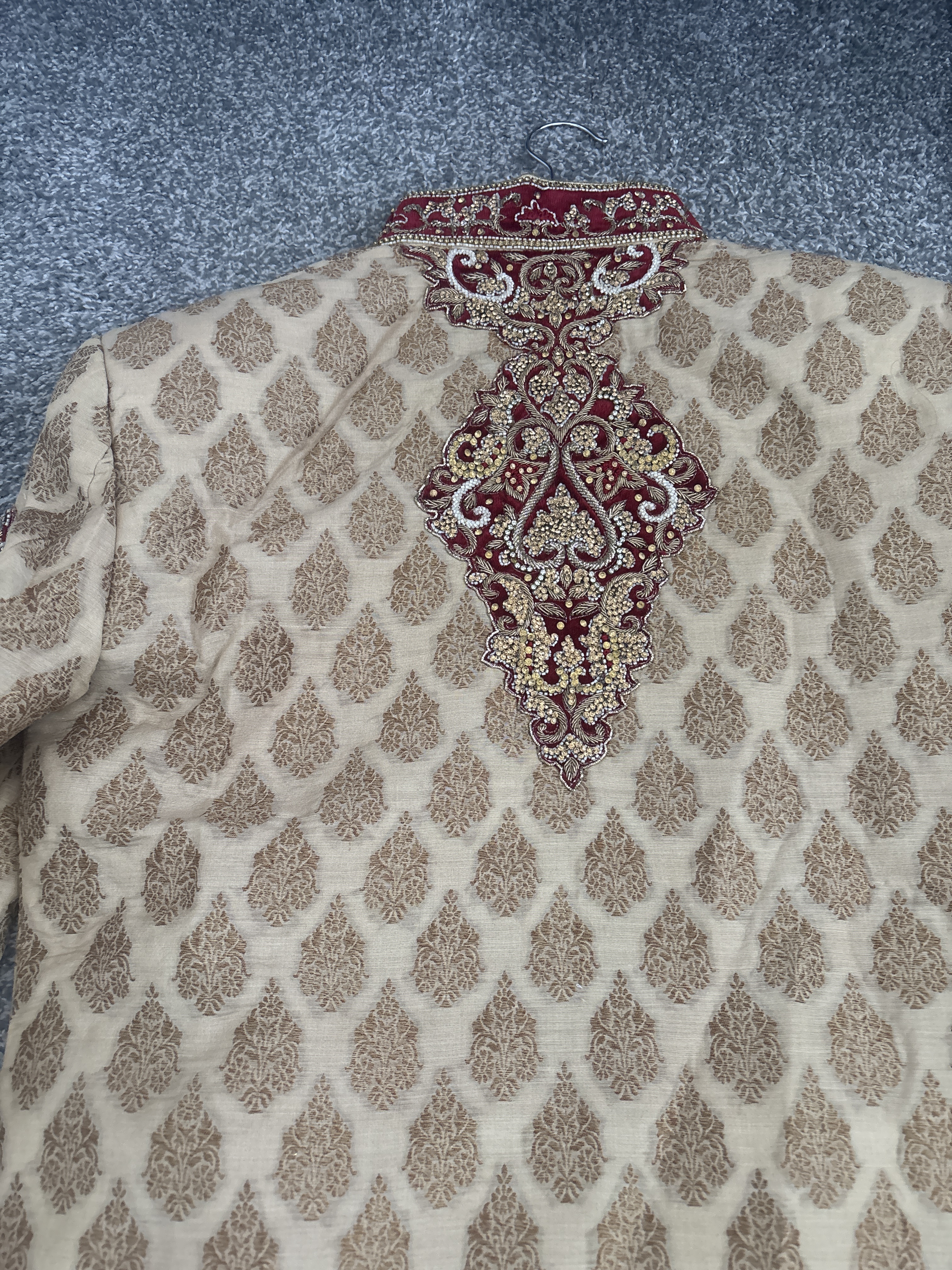 Men's Beige Sherwani with Red Embroidery - Image 4