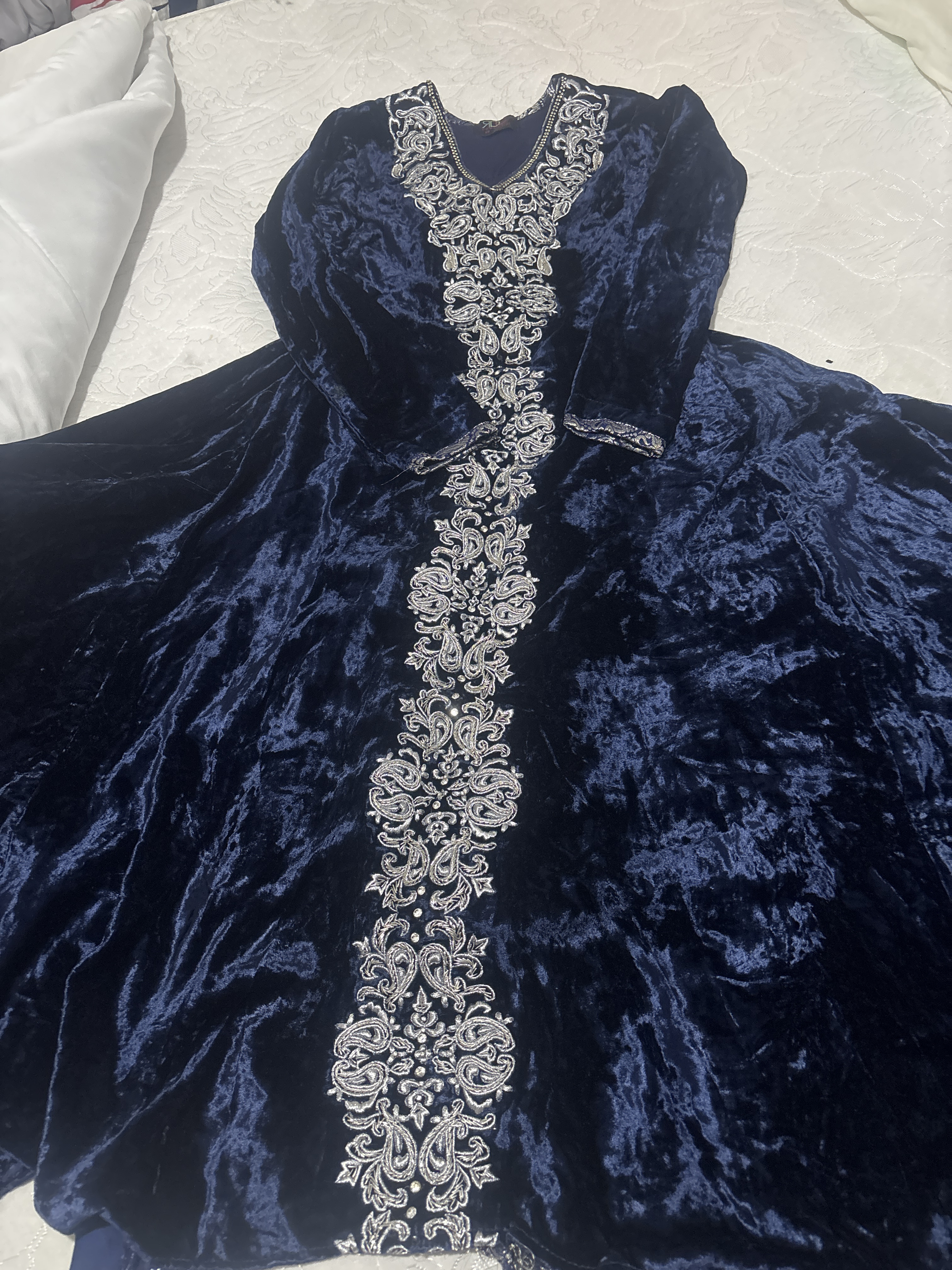 Navy Velvet Suit with Silver Embroidery