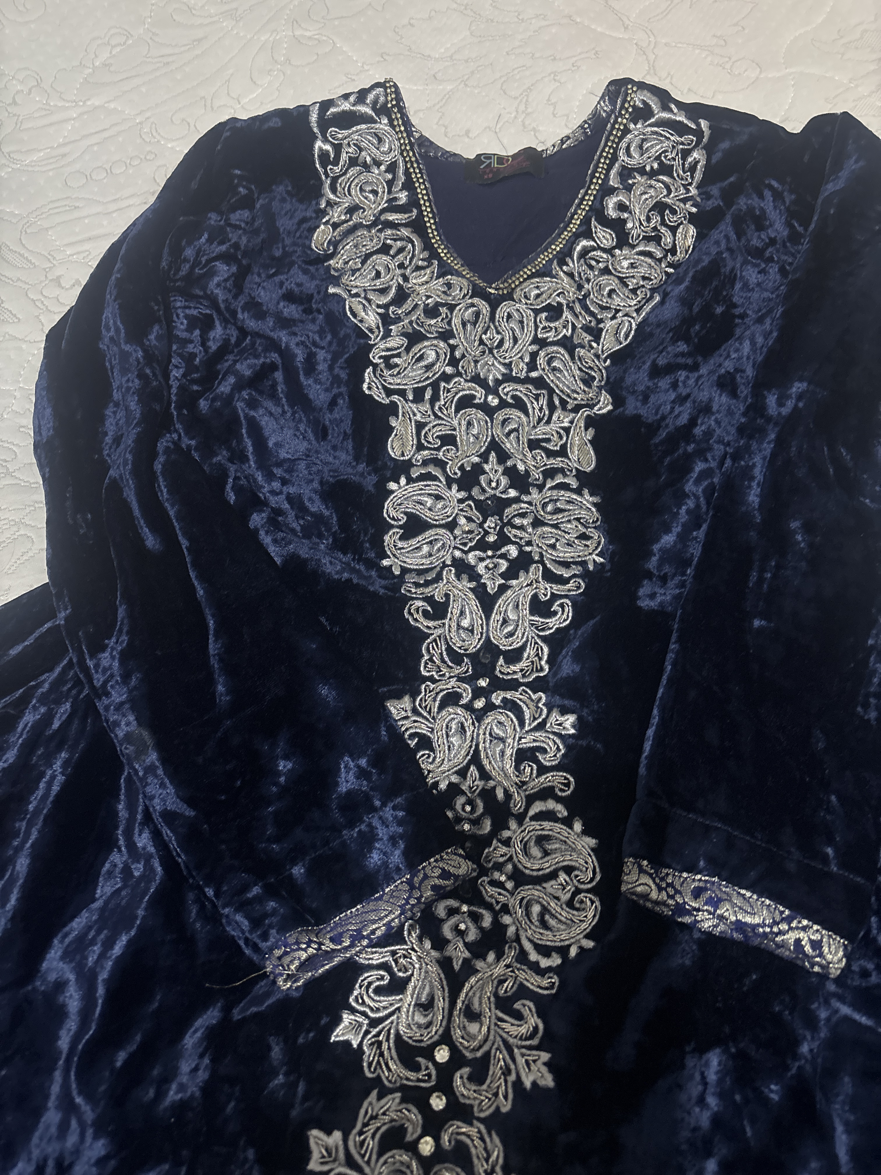 Navy Velvet Suit with Silver Embroidery - Image 2