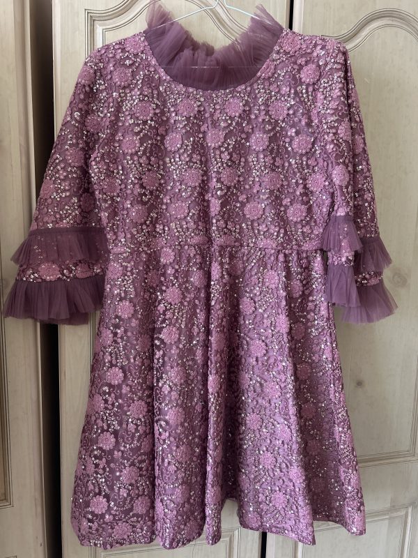Pink sequined dress with ruffled sleeves and neckline