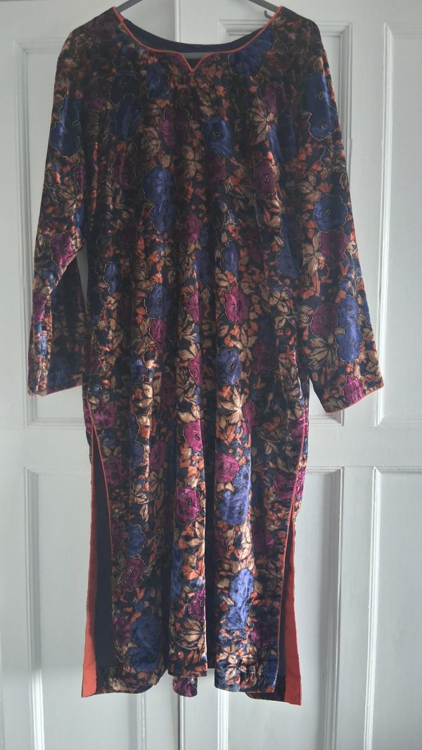 Custom-Made Navy Floral Velvet Salwar Kameez Suit with Satin Salwar & Matching Chiffon Dupatta