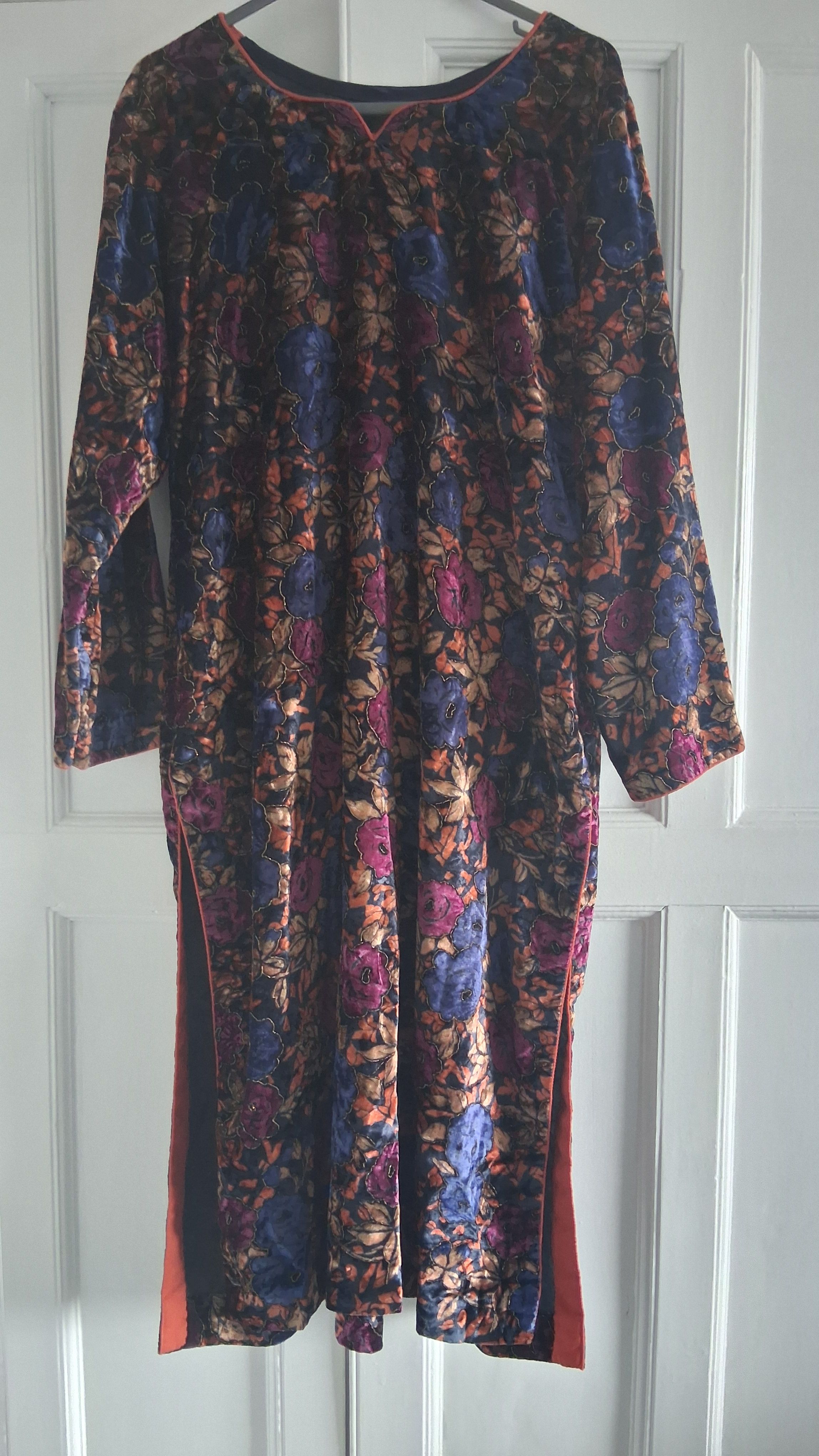 Custom-Made Navy Floral Velvet Salwar Kameez Suit with Satin Salwar & Matching Chiffon Dupatta