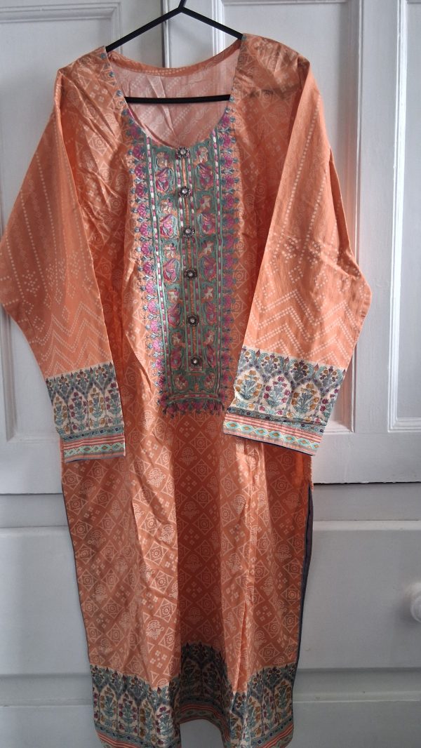 Brand New Peach Embroidered and Printed Linen 3-Piece Salwar Kameez Suit XL