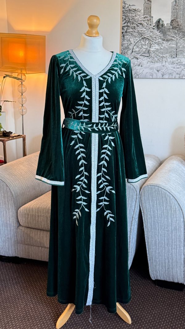 Emerald Green Velvet Kaftan with Silver Vine Embroidery