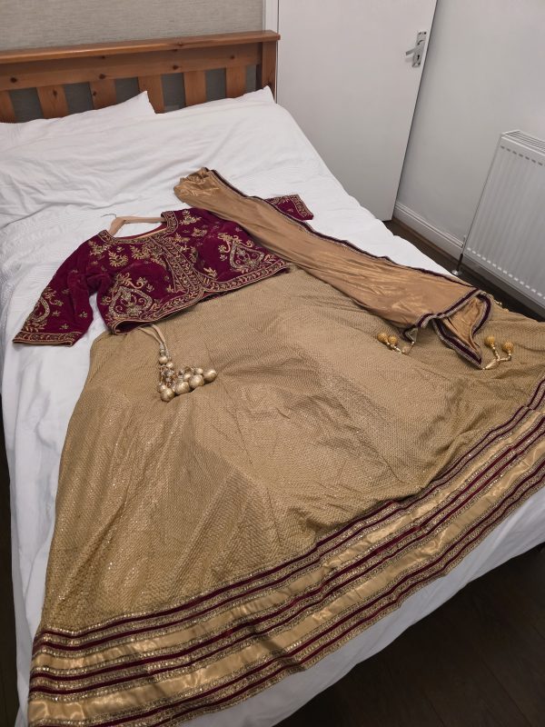 Gold Lehenga Skirt with Burgundy Border and Embellished Choli