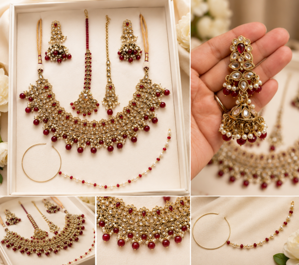 Red and Gold Kundan Bridal Jewellery Set with Maang Tikka and Nath