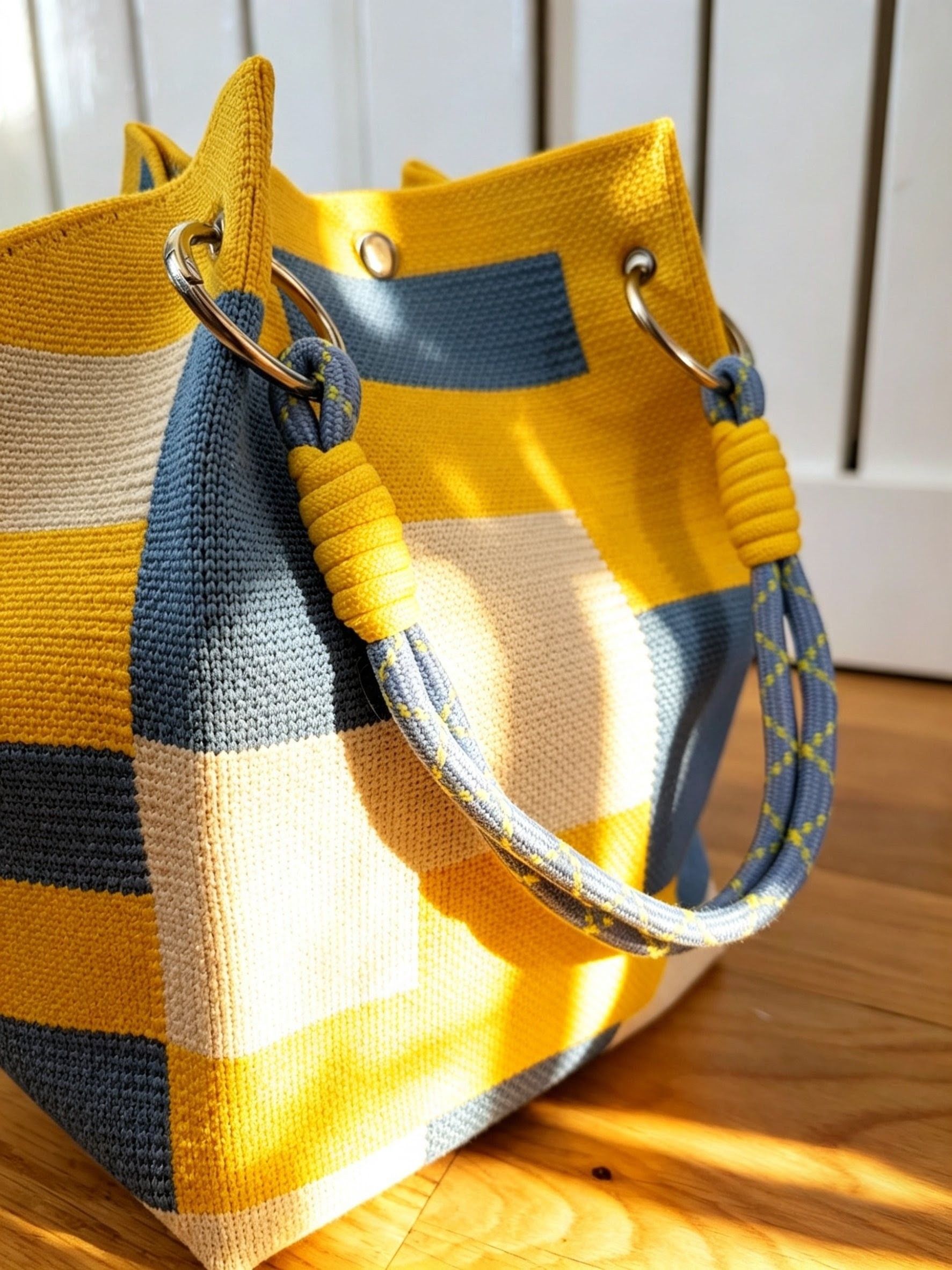 New Yellow Blue Block Knit Bucket Bag - Image 2