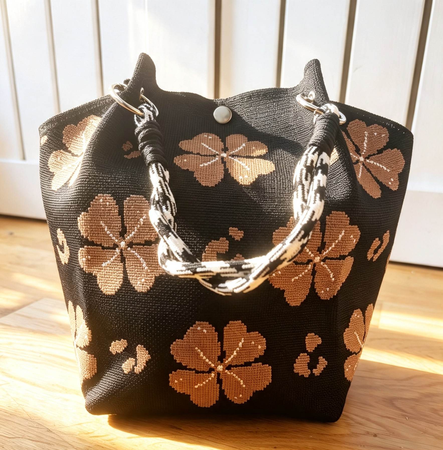 New Black Brown Flower Knit Bucket Bag