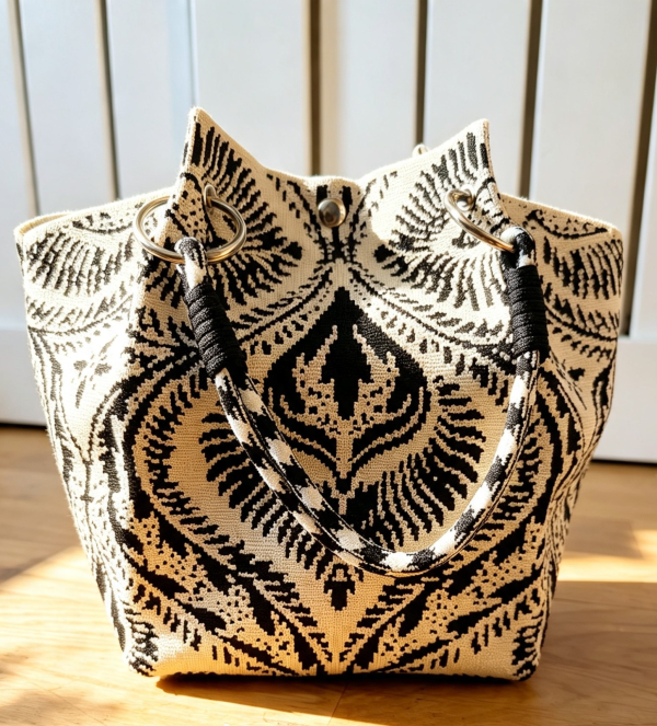 New Black White Damask Pattern Knit Bucket Bag
