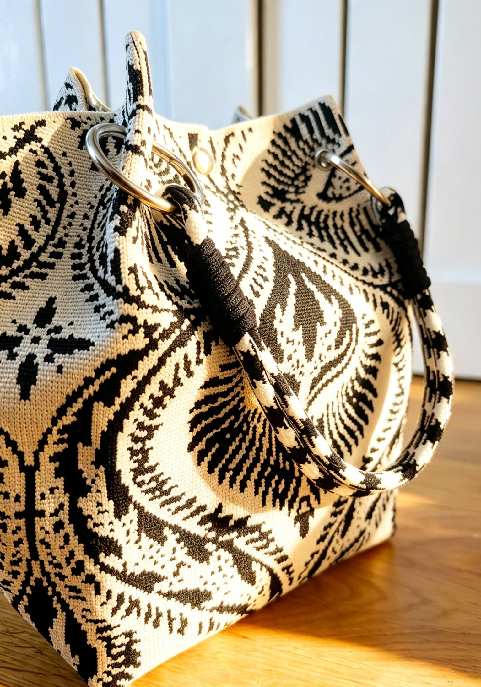 New Black White Damask Pattern Knit Bucket Bag - Image 2