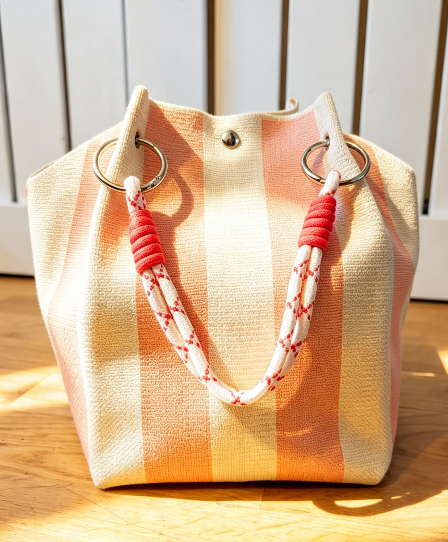 New Pink White Striped Knit Bucket Bag