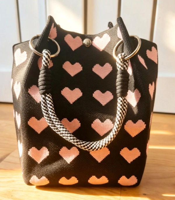 New Black Pink Heart Knit Bucket Bag