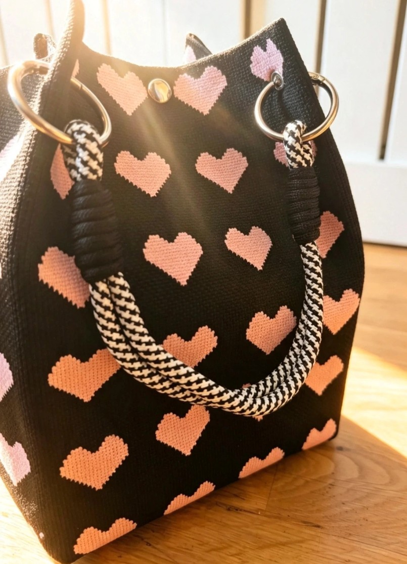 New Black Pink Heart Knit Bucket Bag - Image 2