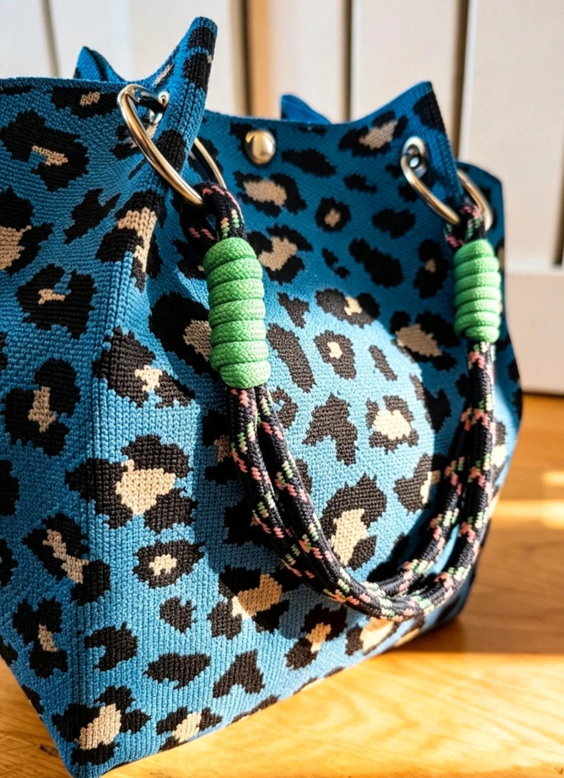 New Blue Leopard Print Knit Bucket Bag - Image 3